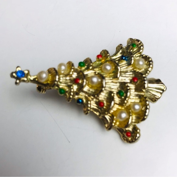 Vintage Gold Tone Christmas Tree Pearl Rhinestone Brooch Pin Marked Taiwan - Picture 4 of 8